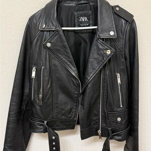 ZARA Black Leather Biker Jacket with Belt